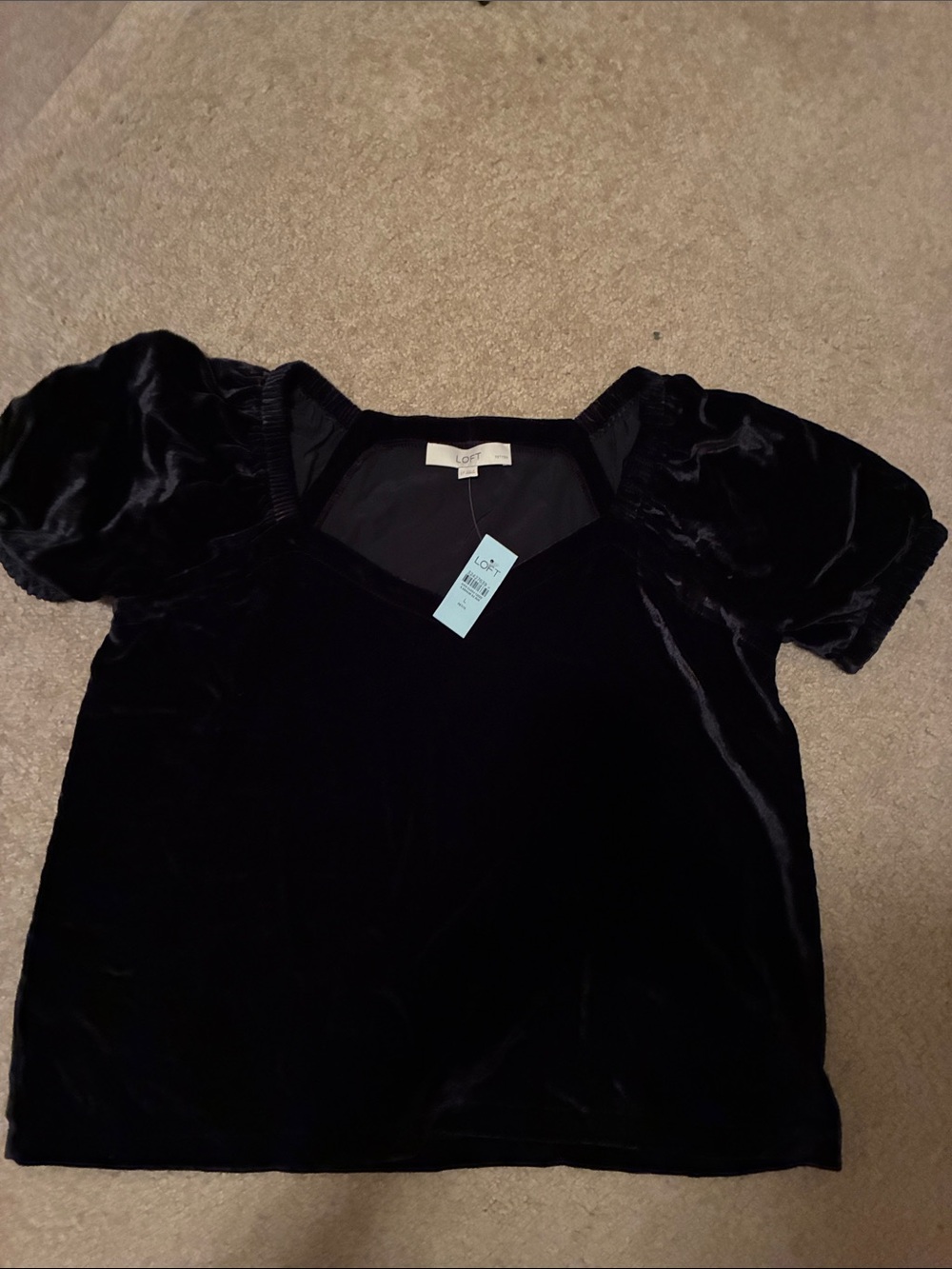 LOFT Black Velvet V-Neck Puff Sleeve Blouse